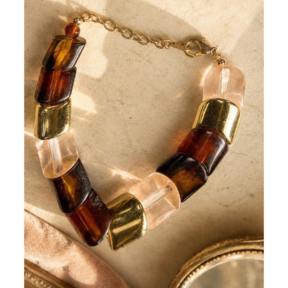 Vintage 1980s Tortoiseshell Lucite Bracelet Gold Tone Geometric Statement